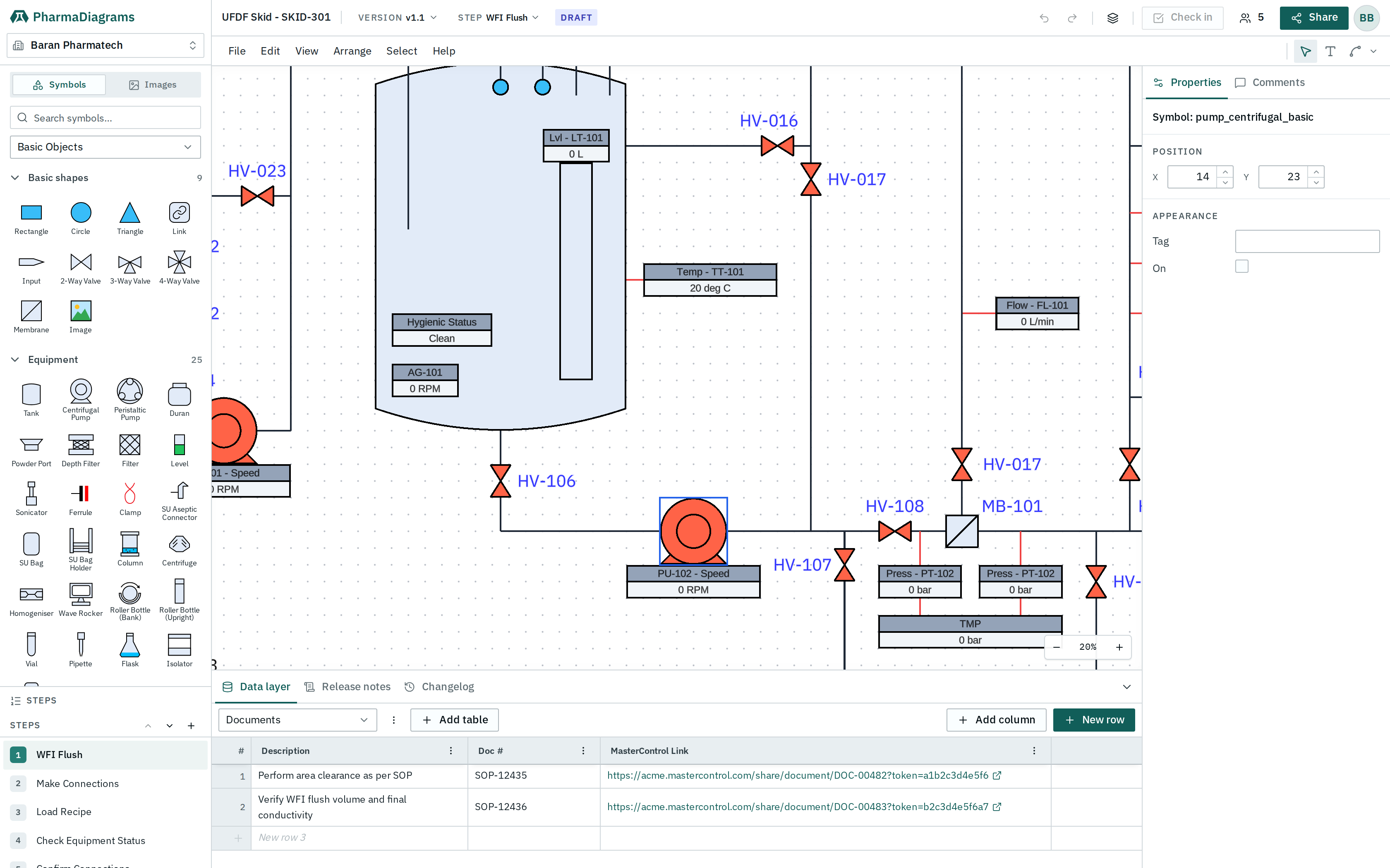 A UFDF skid P&ID drawn to ISA-5.1 in the editor, with the engineering data layer open below the drawing